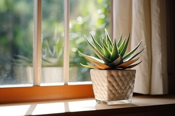 A decorative aloe plant with white leaves sits in a pot on a window sill adding charm to the flat with its beautiful flowers