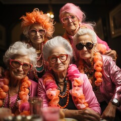Five older ladies looking barbicore style, group portrait indoors. They are said for a holiday or carnival. Flower beads, bright wigs, all the women wear glasses.