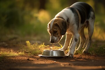 A famished or parched canine retrieves a bowl for nourishment or hydration - obrazy, fototapety, plakaty