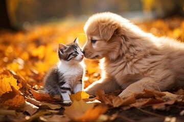 A mixed breed puppy kisses a kitten amid fall foliage - obrazy, fototapety, plakaty