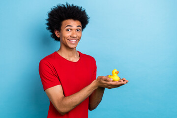 Portrait of friendly pleasant person with chevelure wear red t-shirt arms holding little duck toy...