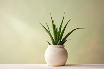 A pot of aloe vera on beige wall seen from the front