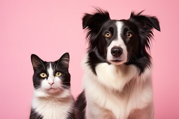 A tabby cat and border collie sheepdog in front of a pastel pink background both gazing at the camera