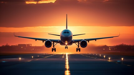 Fototapeta premium A large jetliner is taking off and landing on the airport runway at sunset.