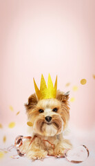 Small dog (Yorkshire terrier) with cute expression wearing gold crown celebrating birthday with confetti. Birthday, new year, holidays, anniversary, daddy day concept.