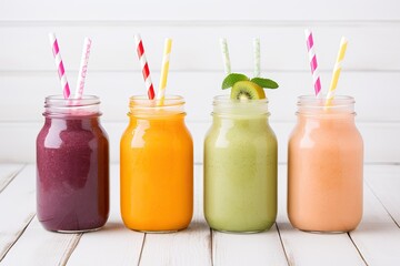 A variety of fruit and vegetable smoothies in glass bottles with straws on a white wooden background Fresh organic ingredients for smoothies Concept of supe