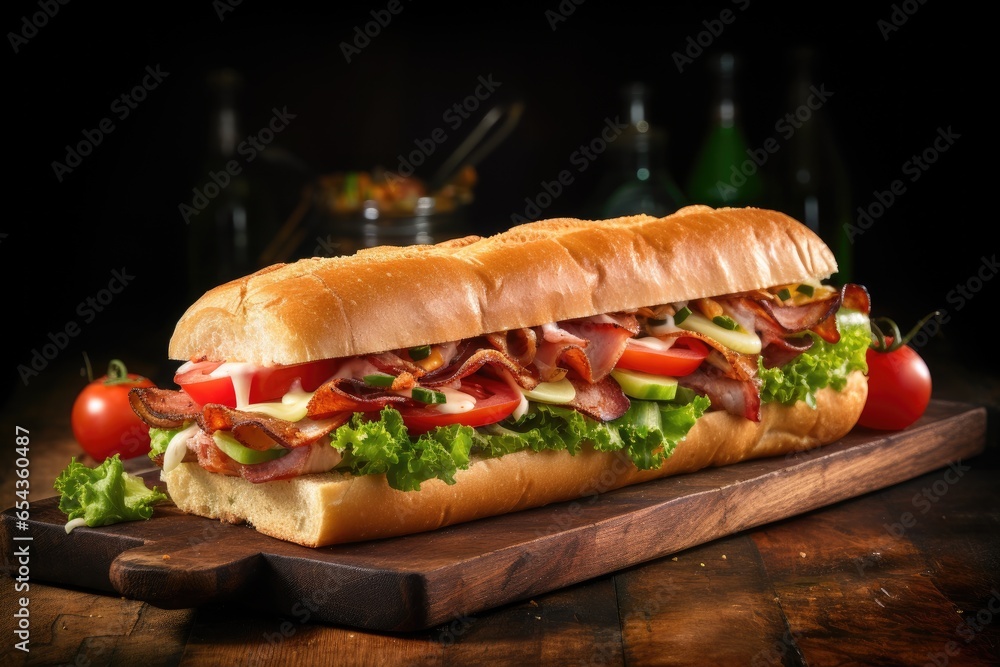 Poster A wooden cutting board holds a tasty submarine sandwich with ham cheese bacon tomatoes cucumbers lettuce and onions