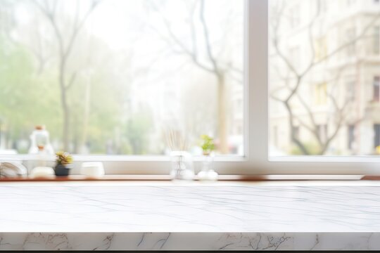 Abstract background of a white marble table top and blurred glass window suitable for displaying and editing product images in a cafe or restaurant banner