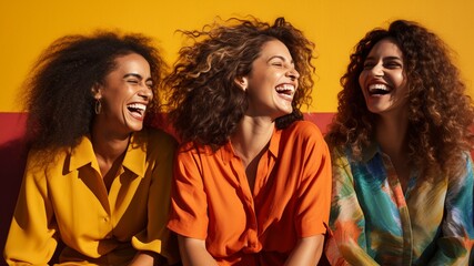 Three Brazilian women friends smiling and laughing together, dressed in color, against a colorful...