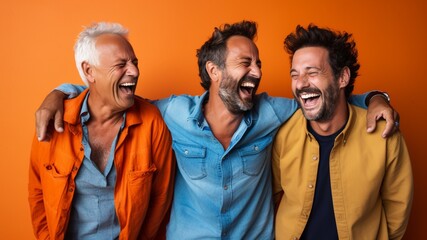 Three Italian men friends smiling and laughing together, dressed in color, against a colorful background of yellow, blue, orange, green, and red