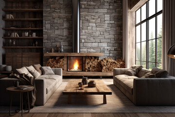 Modern living room featuring rustic interior design with sofa, wall, table, and stylish decoration  - obrazy, fototapety, plakaty