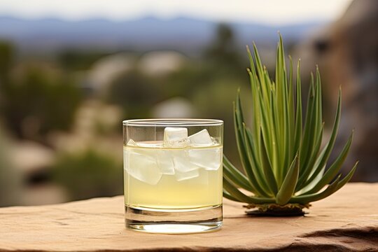 Agave plant background with margarita cocktail in tumbler glass