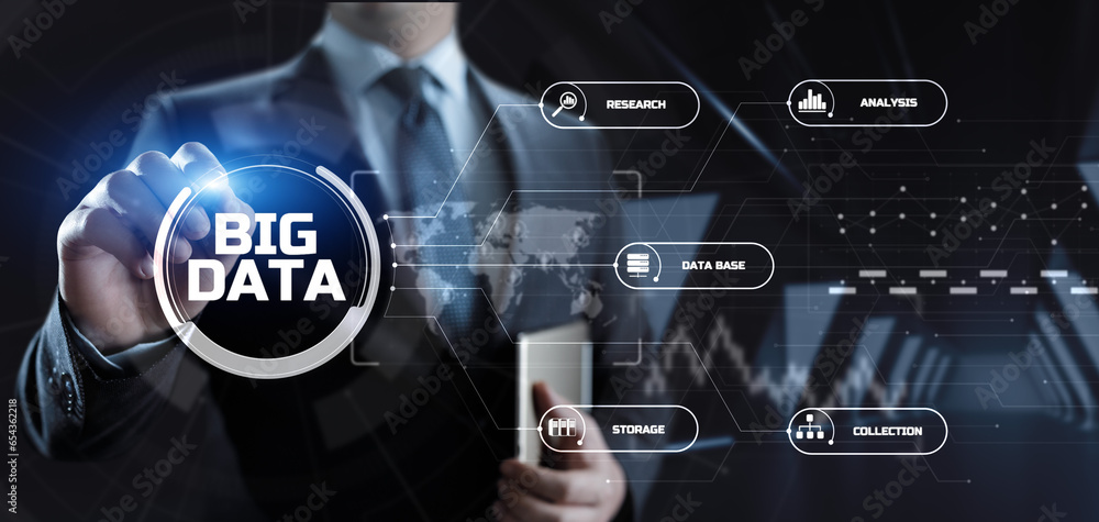 Poster big data analysis analytics internet technology concept. businessman pressing button on screen.