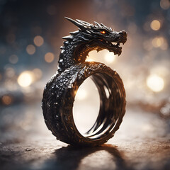 a luxury fantasy dragon shaped ring with beautiful bokeh