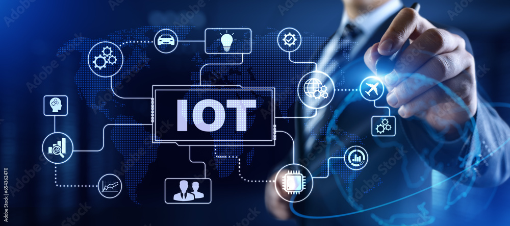 Poster iot internet of things innovation technology concept. businessman pressing button on screen.