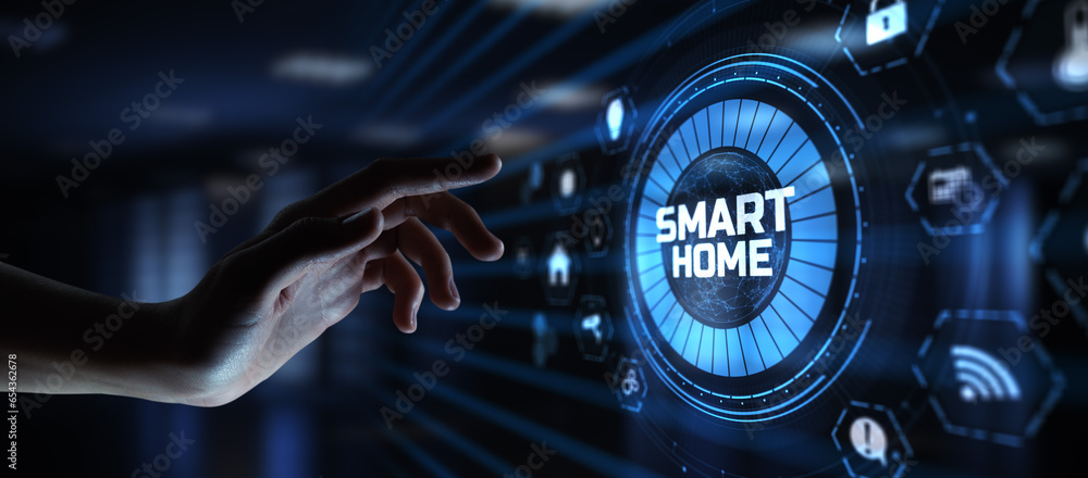 Poster smart home automation wireless control iot internet of things concept. hand pressing button.