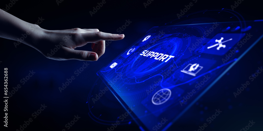 Poster technical support customer service guarantee quality assurance. hand pressing button on virtual scre