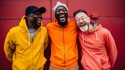 Three Swiss men friends smiling and laughing together, dressed in color, against a colorful background of yellow, blue, orange, green, and red
