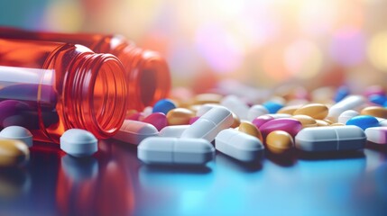 Various spilled pills close up with free place for text on blurred medical background. Medical concept backdrop