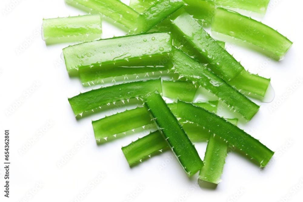 Poster aloe vera sliced flat lay on white background