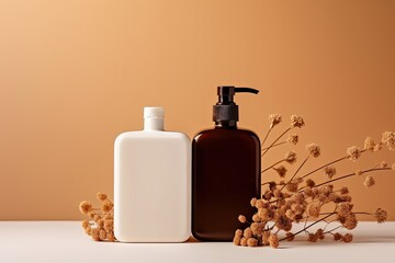 Amber glass bottle with label mockup and dry flowers Soap dispenser shower gel shampoo design on podium with beige background - obrazy, fototapety, plakaty