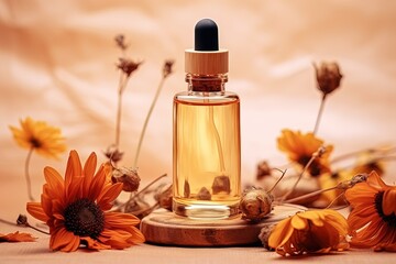 Fototapeta na wymiar Amber glass dropper bottle with dry flowers and leaves on beige background representing natural and organic skincare products