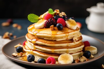American pancakes with nuts honey and fruits piled high on a white plate closeup shot