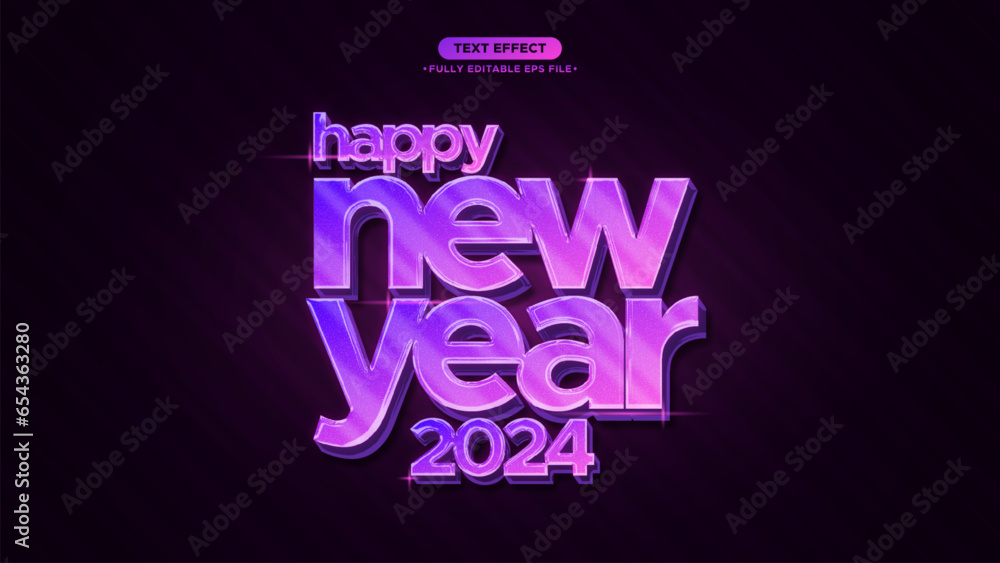 Poster happy new year banner vector text effect. neon purple color theme. font and text can be change