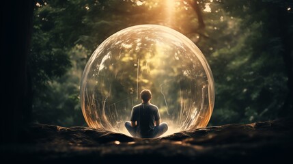 An individual meditates serenely in a forest, encased in a protective bubble. The scene symbolizes mental health, inner peace, and the emotional safety one finds through nature. - obrazy, fototapety, plakaty