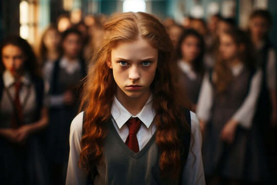 School bullying and shaming. Portrait of a sad offended red-haired Caucasian schoolgirl in a crowd of girls at school