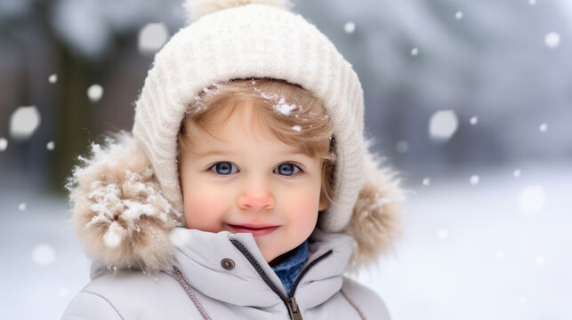 Toddler boy wearing a coat, playing in the winter snow during the holiday season