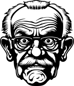Vintage grandfather head in glasses and with a mustache 60s style, Retro comics grandfather in glasses and with a mustache illustration	