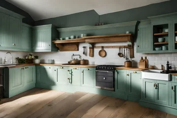 Fotobehang A conventional country kitchen with a huge range cooker with gas hob, duck egg green cupboards and wall cabinets, and a white ceramic sink © Tanveer