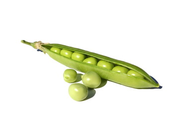 Green Peas pod and peas lie on a white isolated background.	