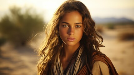 Closeup portrait of a beautiful young woman with long brown hair in the desert