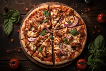 BBQ Pizza with chicken and veggies viewed from the top on a wooden surface blank space