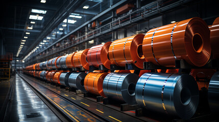 Big rolls of steel sheet in a factory.