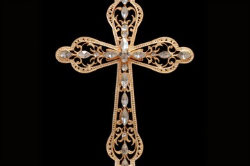 Beautiful golden cross with rhinestones symbolizing prayer faith in God isolated on a black background for design purposes