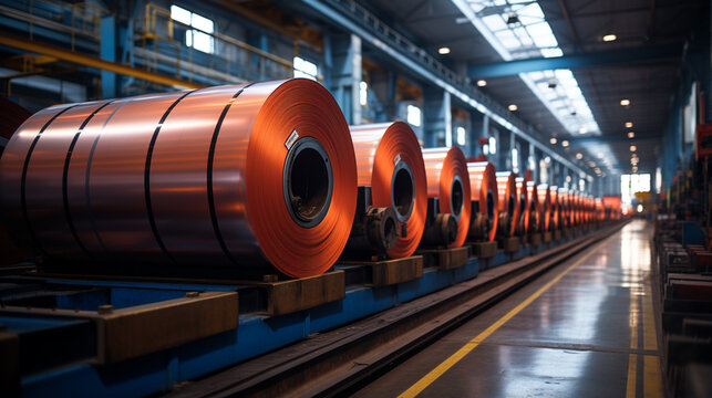 Big rolls of steel sheet in a factory.
