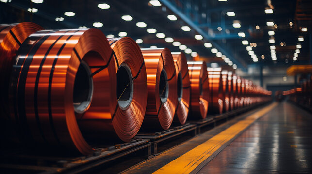 Big rolls of steel sheet in a factory.