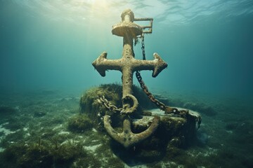 Ancient ship s anchor submerged deep in the ocean floor - obrazy, fototapety, plakaty