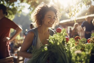 A young woman, with a genuine smile, lovingly selects colorful vegetables and fragrant herbs, amidst the lively ambiance of a sunlit farmers' market, capturing the essence of conscious consumerism - obrazy, fototapety, plakaty