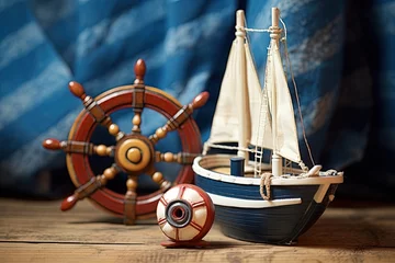 Deurstickers Antique sailboat and lifebuoy on wooden background as nautical ornaments © The Big L
