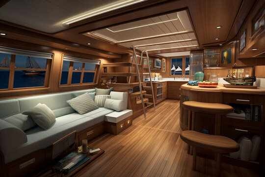modern luxury rv interior designed to look like the interior of a schooner
