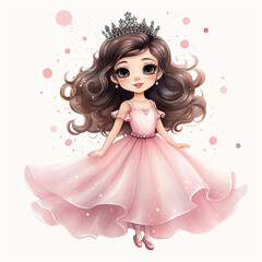 Illustration of a princess with a cartoon female crown girl wearing a pink princess dress
