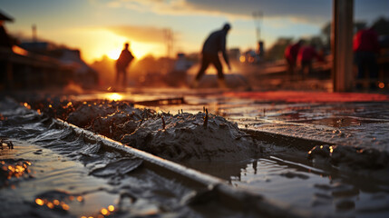 Pouring wet concrete at construction site. - obrazy, fototapety, plakaty