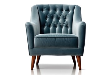 Art deco style armchair in blue velvet with wooden legs isolated on white background Front view