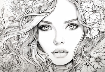 coloring book for adults portraits, faces, flowers on a white background