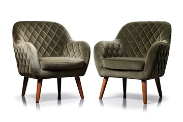 Art deco style armchairs in khaki green velvet with wooden legs isolated on white background