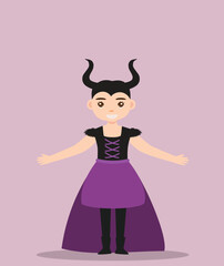 girl in Halloween costume. Girl characters in costume for Halloween fun party carnival. Cartoon a girl wearing purple devil costume